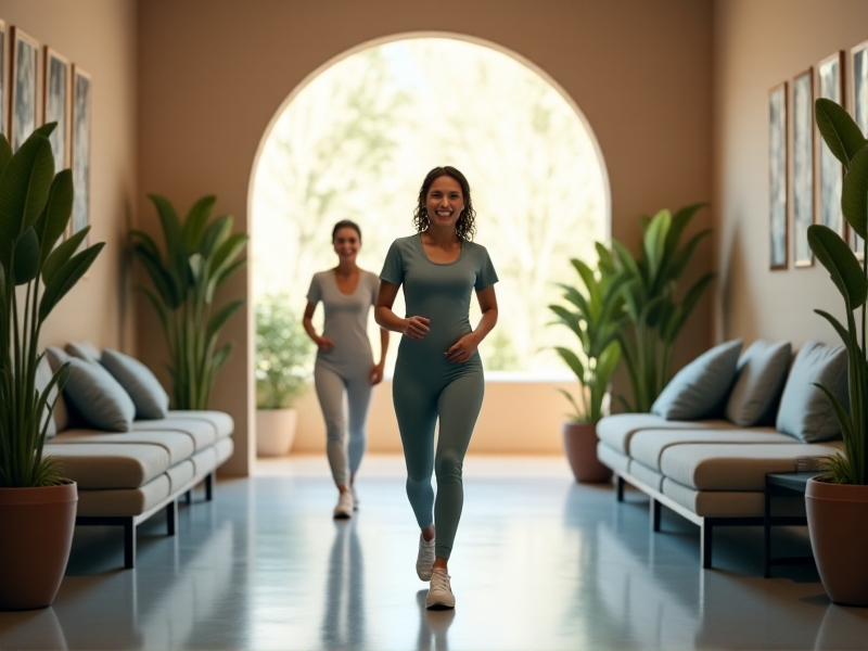A patient smiling and walking confidently after a cryotherapy session, with a supportive therapist in the background. The room is bright and welcoming, with natural light streaming through large windows.