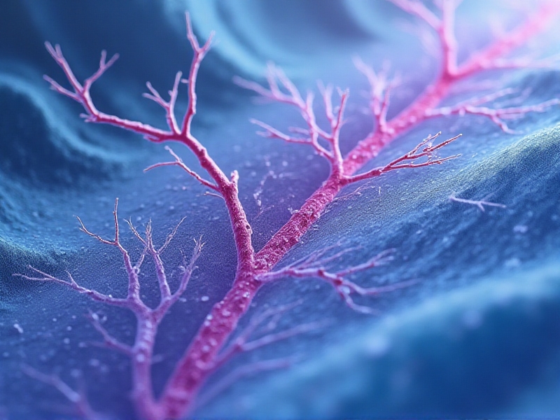 A microscopic view of blood vessels and nerve fibers in response to cold exposure. The image is highly detailed, with the blood vessels constricting and the nerve fibers showing reduced activity. The colors are vivid, with shades of blue and purple dominating the scene. The lighting is soft, creating a mood of scientific precision and discovery.