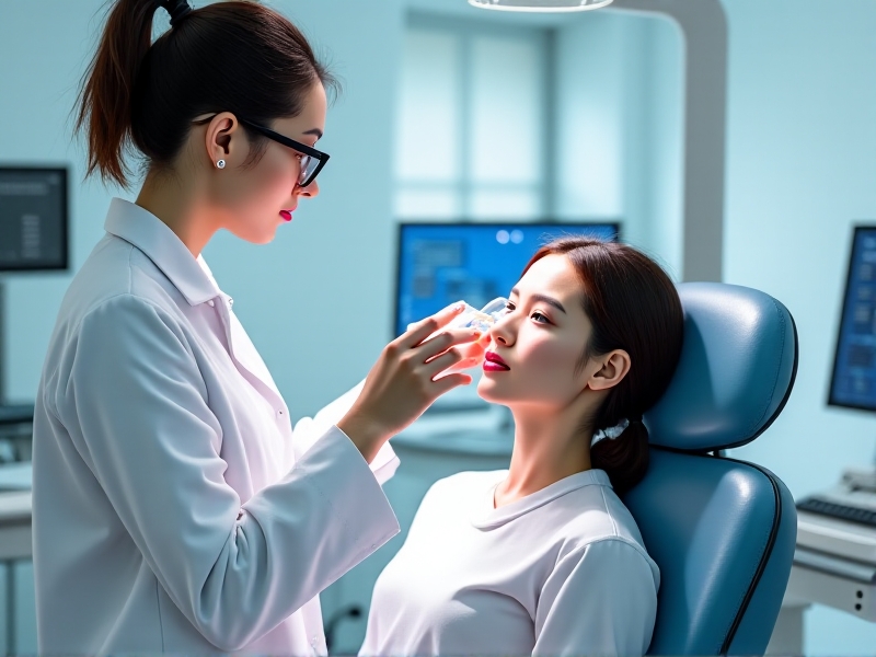 A medical professional performing cryoneurolysis on a patient. The image shows the cryoprobe being applied to the supraorbital nerve area above the eye. The setting is a modern clinical environment with sterile equipment. The lighting is bright and clinical, emphasizing the precision and safety of the procedure.
