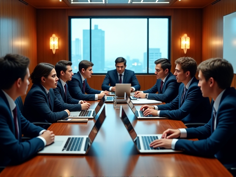 A professional negotiation meeting in a boardroom setting, with a diverse group of individuals discussing terms around a large wooden table, with documents and laptops spread out, and a whiteboard displaying key points in the background.