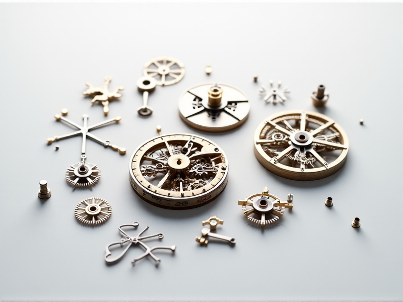 A disassembled Royal Portable Escapement Mechanism laid out on a clean, white surface. The components, including the balance wheel, pallet fork, and escape wheel, are meticulously arranged, with a soft light highlighting their intricate details. The image captures the precision and care required in the disassembly process.