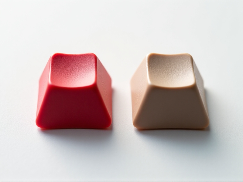 A side-by-side comparison of two custom keycap profiles, one focusing on aesthetics with vibrant colors and intricate designs, and the other emphasizing functionality with a simple, ergonomic design. The image is set against a white background, with soft lighting highlighting the details of each keycap.