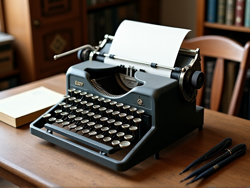 A close-up of a vintage typewriter with worn keys, surrounded by stacks of blank paper and ink ribbons, arranged on a rustic wooden table in a warmly lit room.