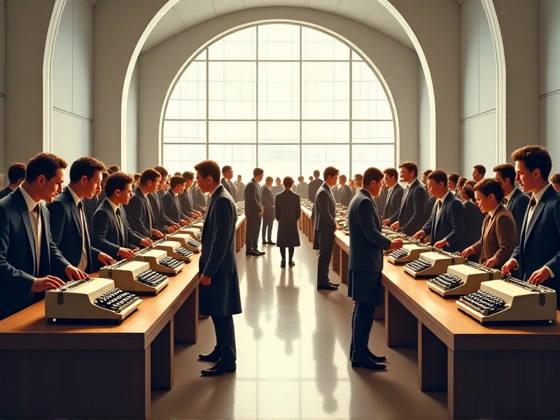 A spacious, modern convention hall with high ceilings and large windows letting in natural light. The hall is set up with rows of tables displaying vintage typewriters, surrounded by attendees browsing and interacting.