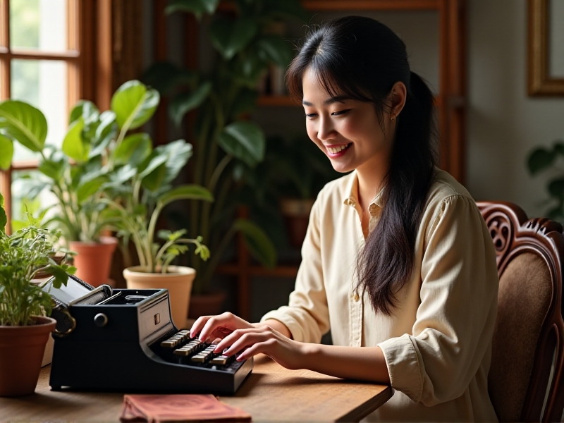 A satisfied customer smiling while using a vintage typewriter in a cozy home office. The room is filled with warm, natural light, and the typewriter sits on a wooden desk surrounded by books and plants. The image conveys a sense of nostalgia and contentment, highlighting the emotional connection customers have with typewriter services.