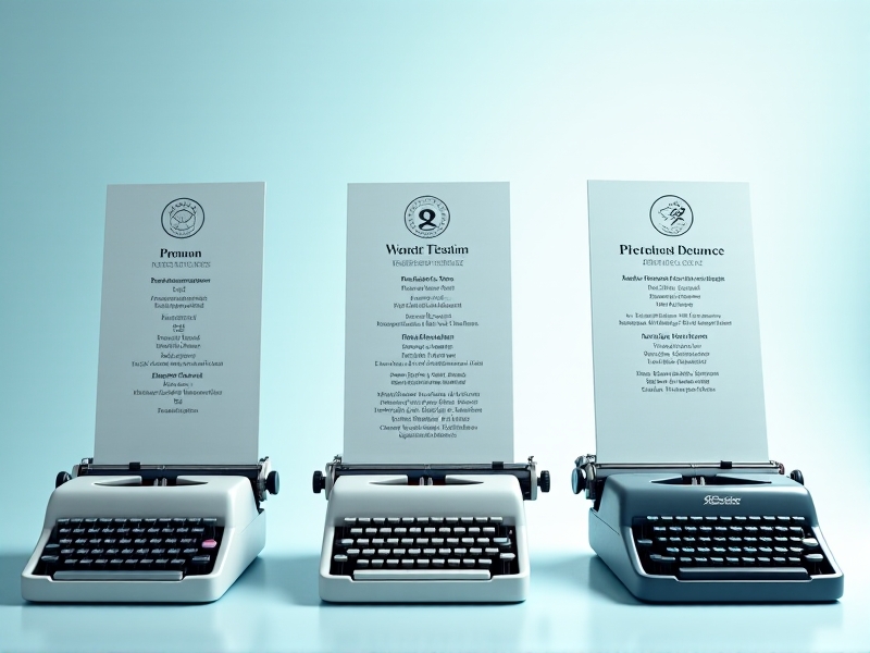 A side-by-side comparison of three typewriter service tiers: Basic, Standard, and Premium. Each tier is displayed in a separate column with icons representing features such as maintenance, repairs, and priority service. The background is a gradient of soft blues and whites, creating a clean and professional look that emphasizes clarity and ease of understanding.