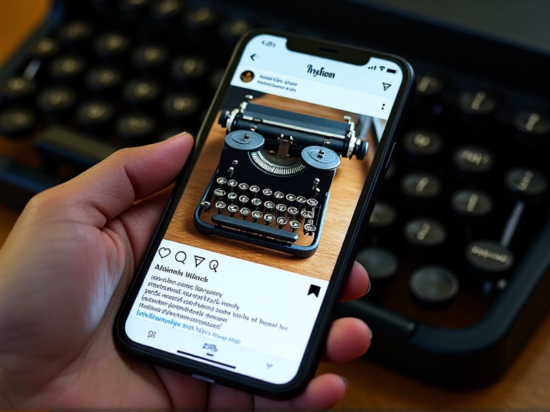 A smartphone displaying a vibrant Instagram post featuring a beautifully restored typewriter with a caption highlighting the craftsmanship and history of the machine, surrounded by likes and positive comments.