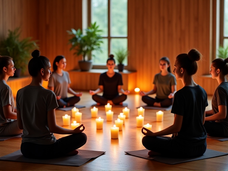 A group of professionals sitting in a circle in a peaceful, candlelit room, practicing mindfulness meditation. The warm lighting and serene expressions on their faces create an atmosphere of harmony and collective focus.